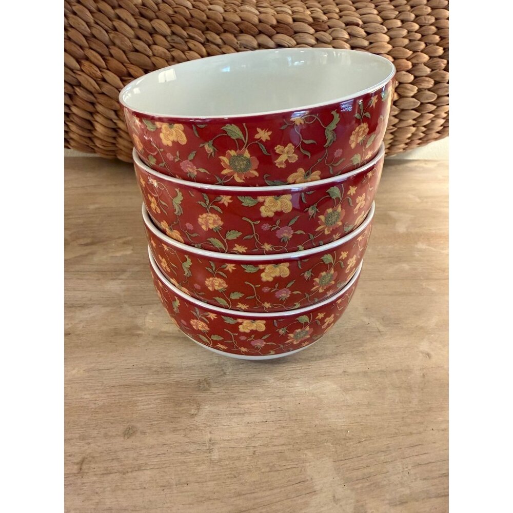 Neiman Marcus Empress‎ Rose Brocade Bowls Set of 4 Red Floral Schumacher Japan